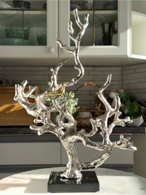Silver Coral Tree Bird Sculpture - Decorative Table Accent